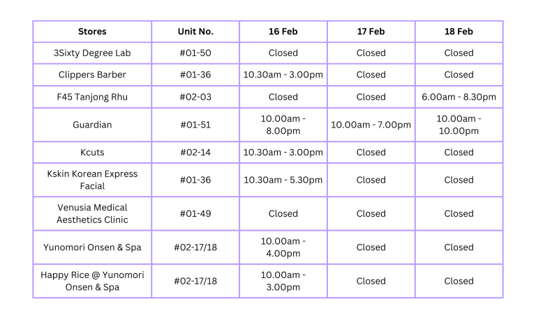 CNY operating hours for Beauty & Wellness