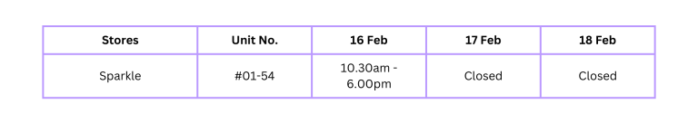 CNY operating hours for Stationery & Gifts
