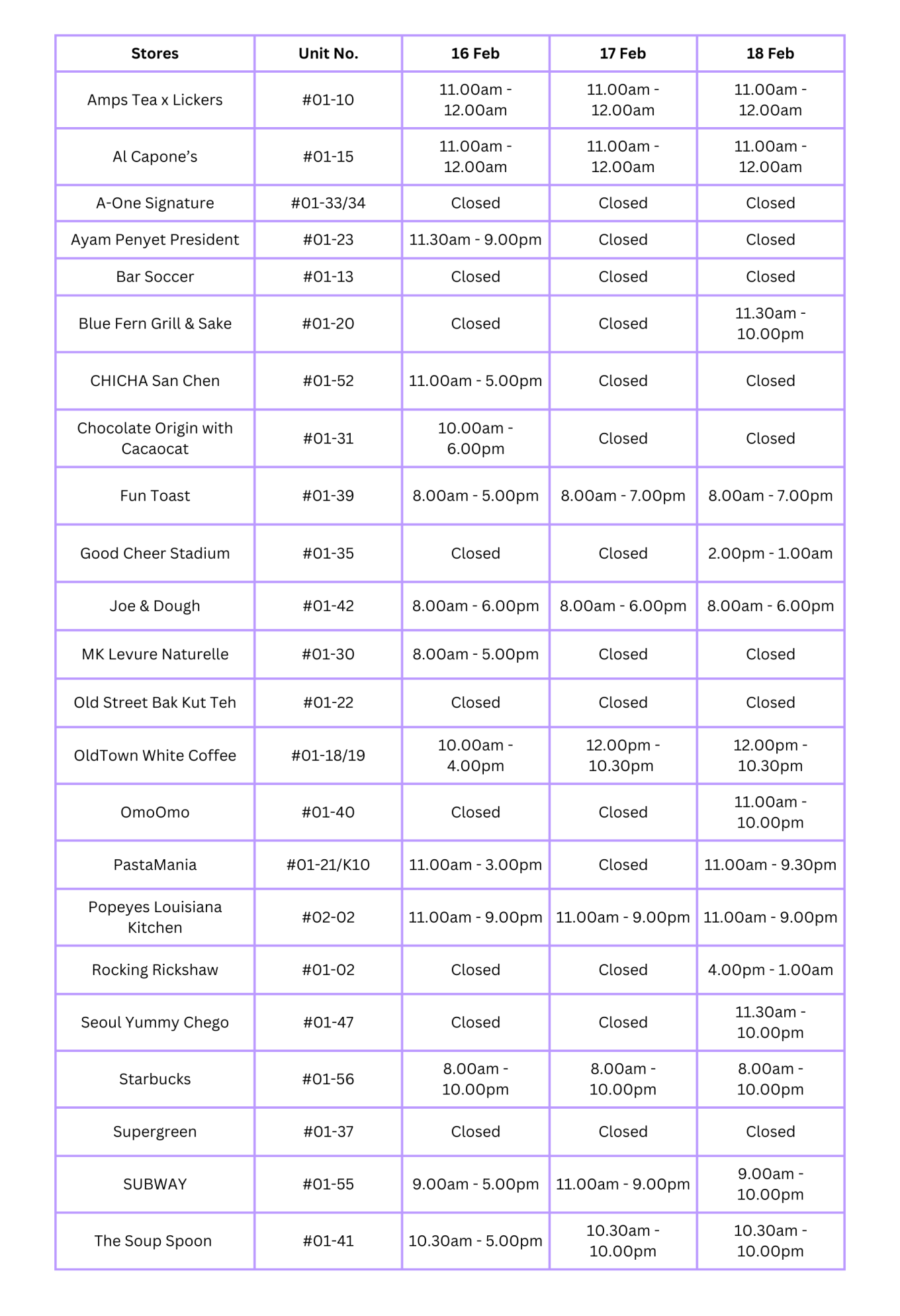 CNY operating hours for Food & Beverage V2