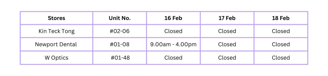 CNY operating hours for Services