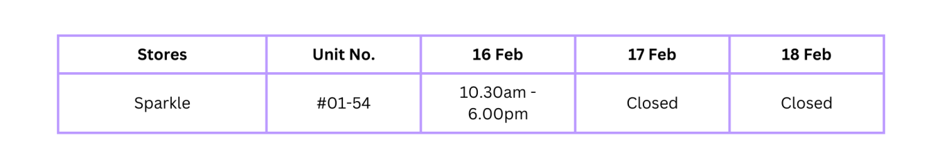 CNY operating hours for Stationery & Gifts