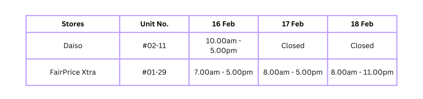 CNY operating hours for Supermarket